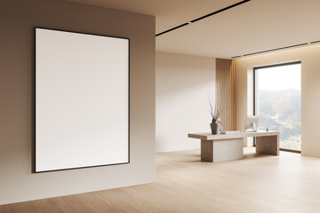 Modern workspace with blank poster frame and minimalist decor. 3D Rendering