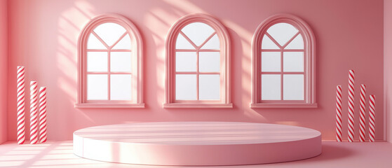 A serene pink interior featuring three arched windows and a circular stage, illuminated by soft light.