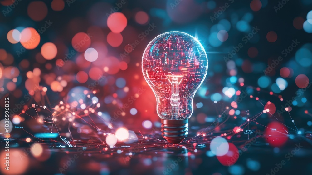 Poster futuristic light bulb with digital elements and bokeh