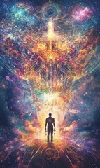 Fototapeta premium Silhouette of a man holding keys in cosmic space.