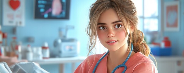 Young female doctor in a hospital setting looking at the camera.