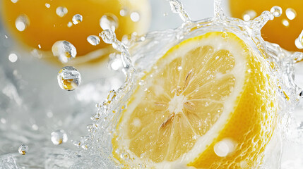 A close-up of a sliced lemon hitting water, with dramatic splashes and droplets frozen in motion, capturing the fruit's vibrant and fresh quality --chaos