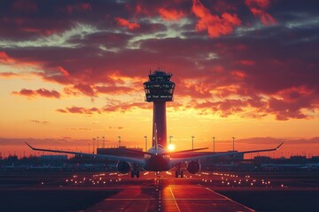 Passenger airplane taxiing on runway at sunset with control tower in background