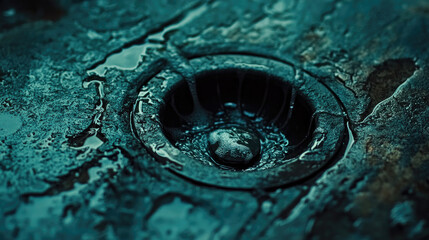 A close-up of a sink drain with water trickling down, accompanied by scattered soap residue, evoking themes of cleanliness and hygiene --chaos