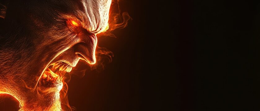 Furious Demon Silhouette, striking profile of an enraged devil, dark background, ample space for text, intense and captivating design.