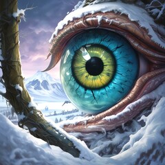 Illustration of creepy monster eye with snow and ice.