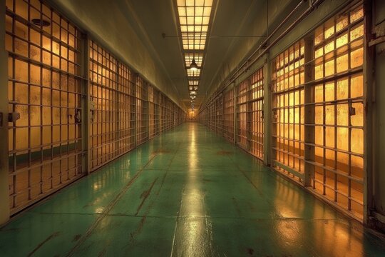 Long corridor running through an empty jail cell block