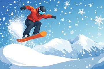 Dynamic snowboarder leaps through snowy mountains on a winter day, showcasing thrilling action