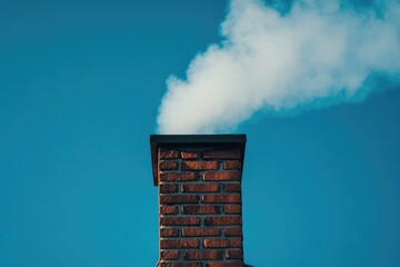 Brick chimney releasing smoke against a blue sky background