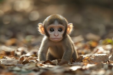 Adorable baby monkey sitting in autumn leaves