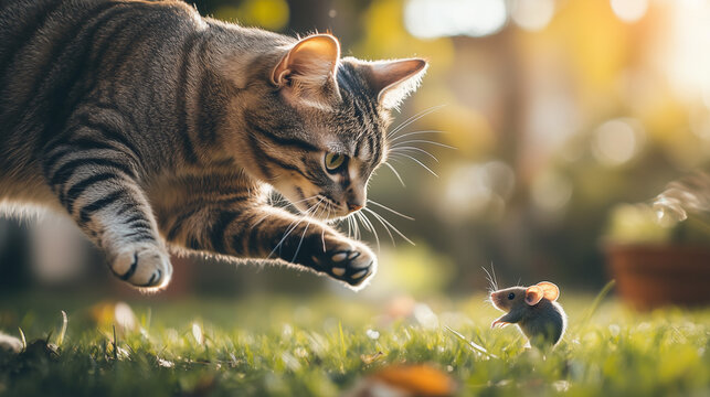 Side view of a cat chasing a mouse across a yard, soft natural light enhancing the dynamic feel, blurred background with grass and outdoor elements