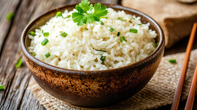 A close-up of steamed white rice served in a ceramic bowl, placed on a rustic wooden table with chopsticks nearby and a soft background. --chaos