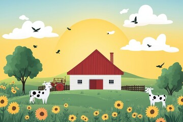 Fototapeta premium Idyllic farm scene with cows and sun shining in a blue sky