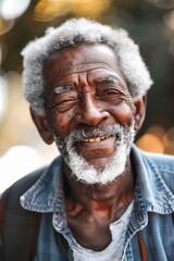 Portrait of a Smiling Elderly Man with Gray Hair and Beard in Outdoor Setting with Soft Focus Background