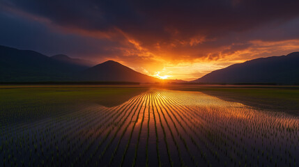 Sunset Over Rice Paddy Field
