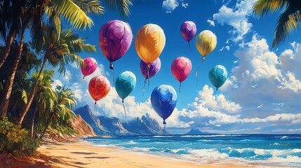Colorful balloons floating over a serene beach with palm trees and clouds.