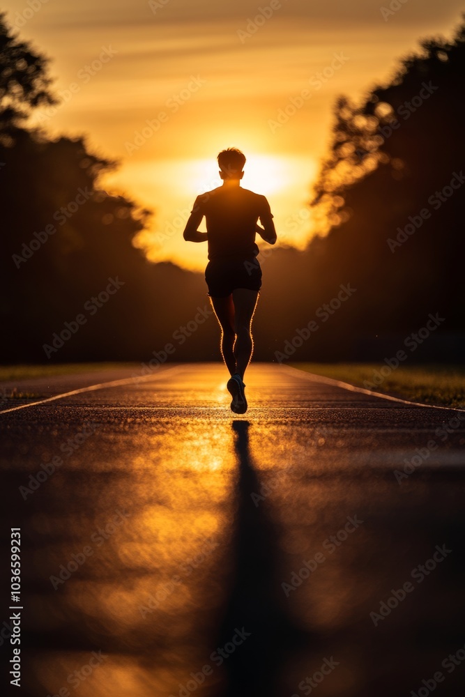 Poster Silhouette of a Runner on a Scenic Path at Sunset with Golden Light