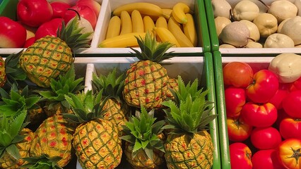 Vibrant display of pineapple, banana, tomato, and tropical fruit toys arranged neatly for a playful and colorful scene