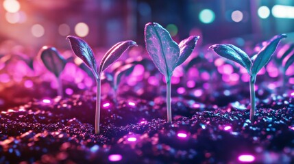 Fototapeta premium Seedlings sprouting from high-tech mechanical soil, illuminated by the soft glow of integrated LED lights, symbolizing the fusion of nature and technology.