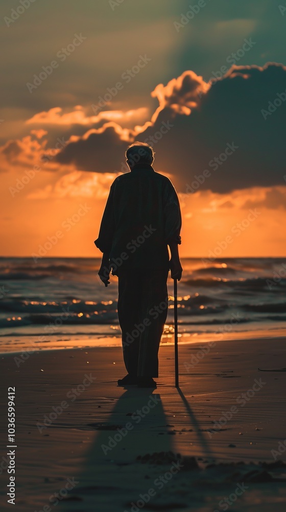 Poster Elderly Person Walking on Beach at Sunset with Dramatic Sky and Ocean Waves in Background