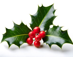 Close-up of holly leaves with red berries on a white background