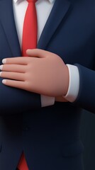 A man in a suit and tie is shown with his hands clasped together