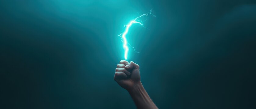 Dynamic energy display, a hand gripping a vivid lightning bolt, symbolizing power and intensity in a striking visual representation