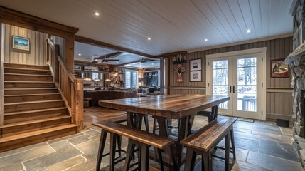 Rustic wooden dining table and benches in a cabin with stone floor, wooden stairs, and a fireplace.
