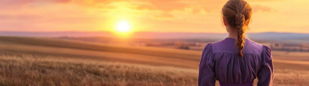 Early American pioneer woman, embodying resilience and spirit, dressed in period attire, set against a backdrop of frontier landscapes.