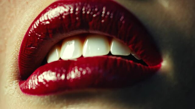 A close-up image of red lips with white teeth, suggesting a seductive and alluring vibe