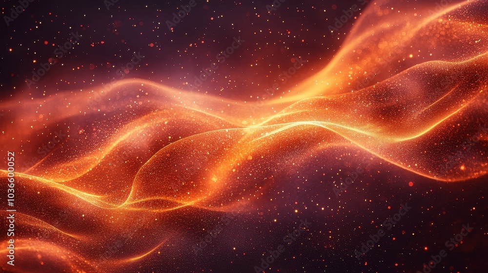 Poster flowing waves of orange and gold particles create a mesmerizing cosmic background in a deep space se