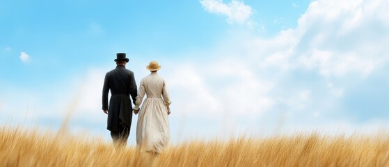 Victorian couple strolling together, elegant attire, serene atmosphere, vintage charm, romantic scene, soft colors, timeless elegance