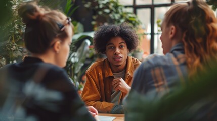 Diverse Group of Young Adults Engaged in Conversation at a Cozy Indoor Cafe with Greenery and Natural Light