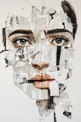 A woman's face is partially obscured by torn pieces of newspaper and magazine pages The image is a powerful representation of the fragmented nature