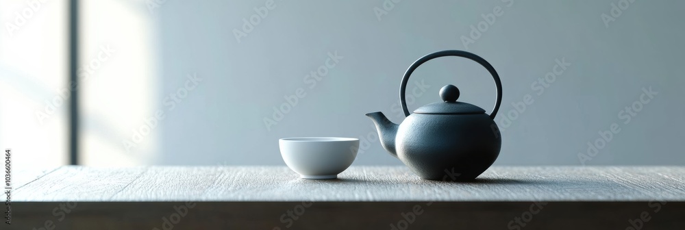 Poster a black tea kettle sits alongside a minimal white cup on a rustic wooden table, creating a serene at