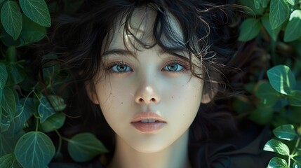 Fototapeta premium Beautiful Woman Portrait with Blue Eyes and Green Leaves