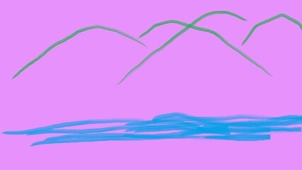 Abstract Minimalist Landscape with Soft Pastel Colors Depicting Mountains and a Calm Waterbody, Perfect for Modern Art, Digital Illustrations, and Unique Creative Design Projects