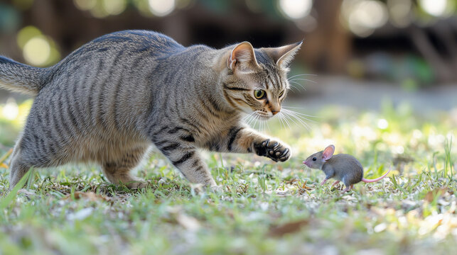 Side view of a cat chasing a mouse across a yard, soft natural light enhancing the dynamic feel, blurred background with grass and outdoor elements