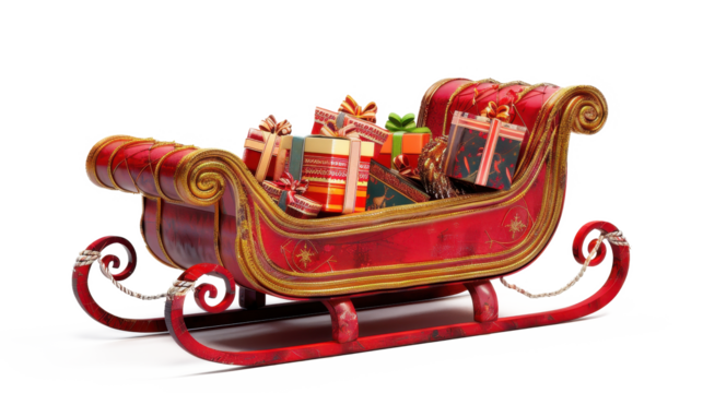 A festive red sleigh filled with beautifully wrapped presents for celebrating New Year and Christmas on a pure white background - Powered by Adobe