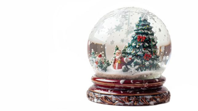 A snow globe featuring a festive Christmas scene with a decorated tree and Santa Claus on a white background