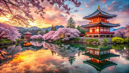 Fototapeta premium A journey to Japan, a surreal realm where serenity unfolds amidst blossoming landscapes.