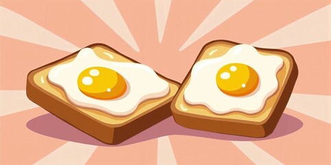 A flat art drawing of breakfast toast topped with fried eggs. Each slice of toast has an egg with a bright, round yolk and a white cooked edge.