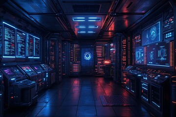 Futuristic cybersecurity command center featuring advanced technology and glowing interfaces