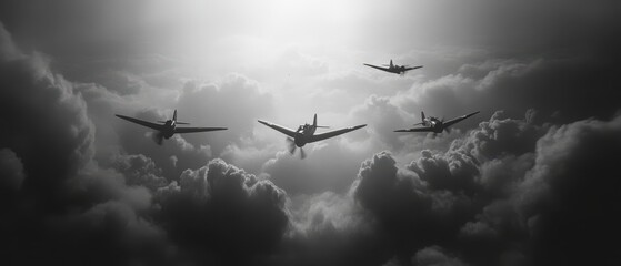 Naklejka premium Muted noir cloudscape evoking WWI, dramatic contrasts, deep shadows, and a somber atmosphere reflecting historical turmoil.