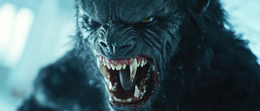 Fierce Werewolf Close-Up, black fur glistening, sharp fangs bared, embodying primal power and wild ferocity, an imposing creature of the night.