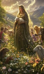 Fototapeta premium Woman in flowing dress holds lamb in field of flowers.