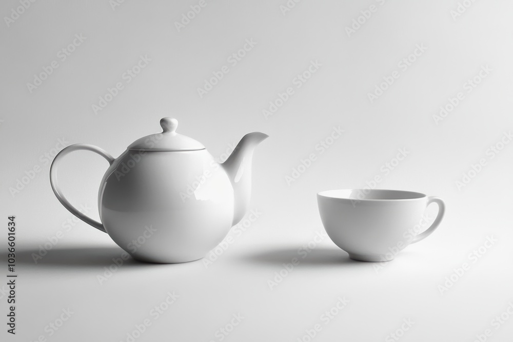 Poster a white tea kettle and matching cup are displayed together, emphasizing a serene and minimalist tea-