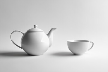 A white tea kettle and matching cup are displayed together, emphasizing a serene and minimalist tea-drinking experience. Generative AI