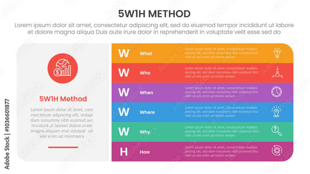 Poster 5w1h analysis infographic with big block shape and round rectangle stack with 6 step points for slid