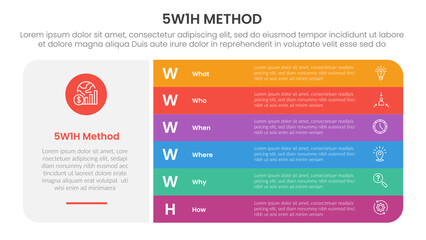5W1H analysis infographic with big block shape and round rectangle stack with 6 step points for slide presentation